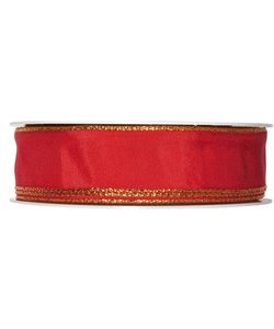 Kunstseideband B:25mm, rot mit Goldkante, L:25m/Rolle