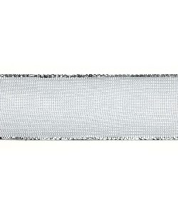 Kunstseideband B:25mm, weiß mit Silberkante, L:25m/Rolle