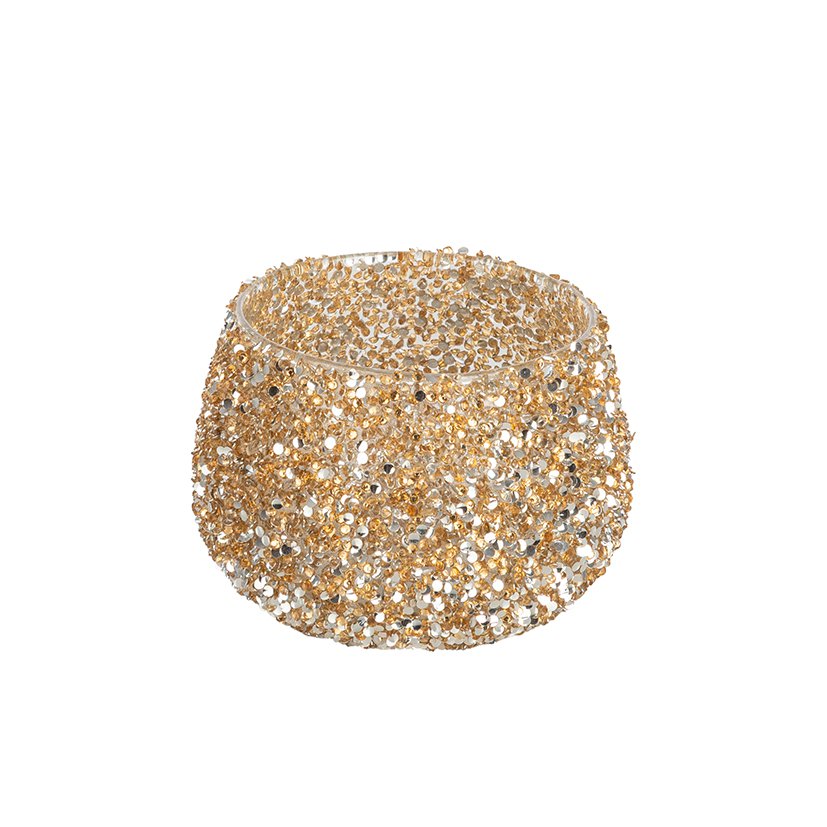 Teelichtglas, Ø12cm H:8cm, gold-glitzer
