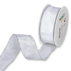 Kunstseideband weiß mit Silberkante, L:25m/Rolle