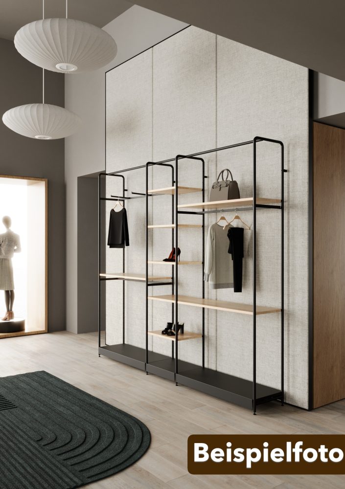 Ladenbau-Regalwand HUB L.300xT.45xH.270cm, schwarz/Holz