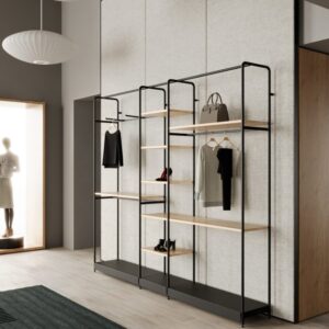 Ladenbau-Regalwand HUB L.300xT.45xH.270cm, schwarz/Holz